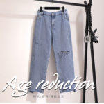 New style ripped denim trousers straight wide-leg casual women's trousers