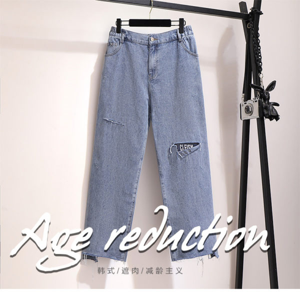 New style ripped denim trousers straight wide-leg casual women's trousers